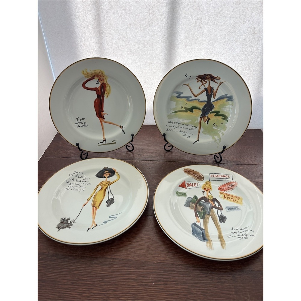 Sakura Glamour Girls Plate Set Stoneware Lot of 4 Fashion Quotes Dishwasher Safe